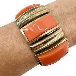 vintage Harwood coral orange & gold tone metal Stretch Bracelet costume jewelry